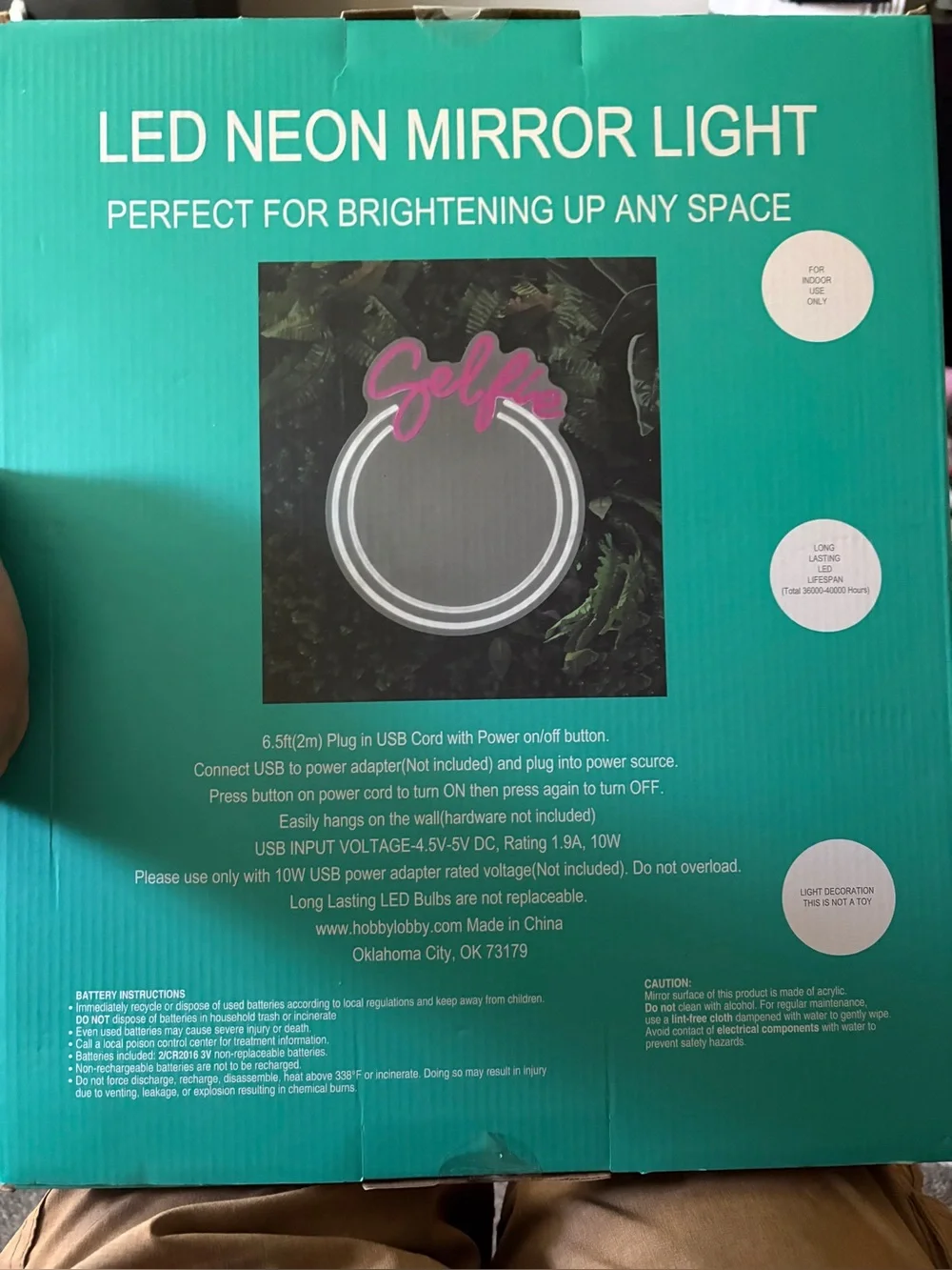 Round Wall Mirror with Pink 'Selfie' Neon Accent